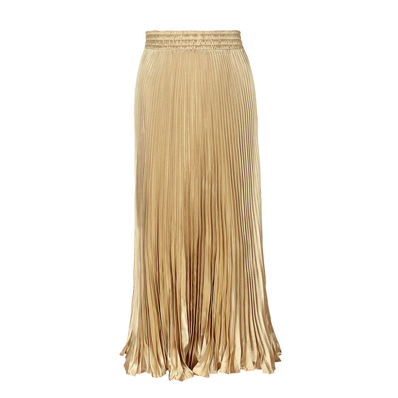 2021 New European and American foreign trade women's satin metallic luster pleated skirt long accordion skirt long skirt skirt