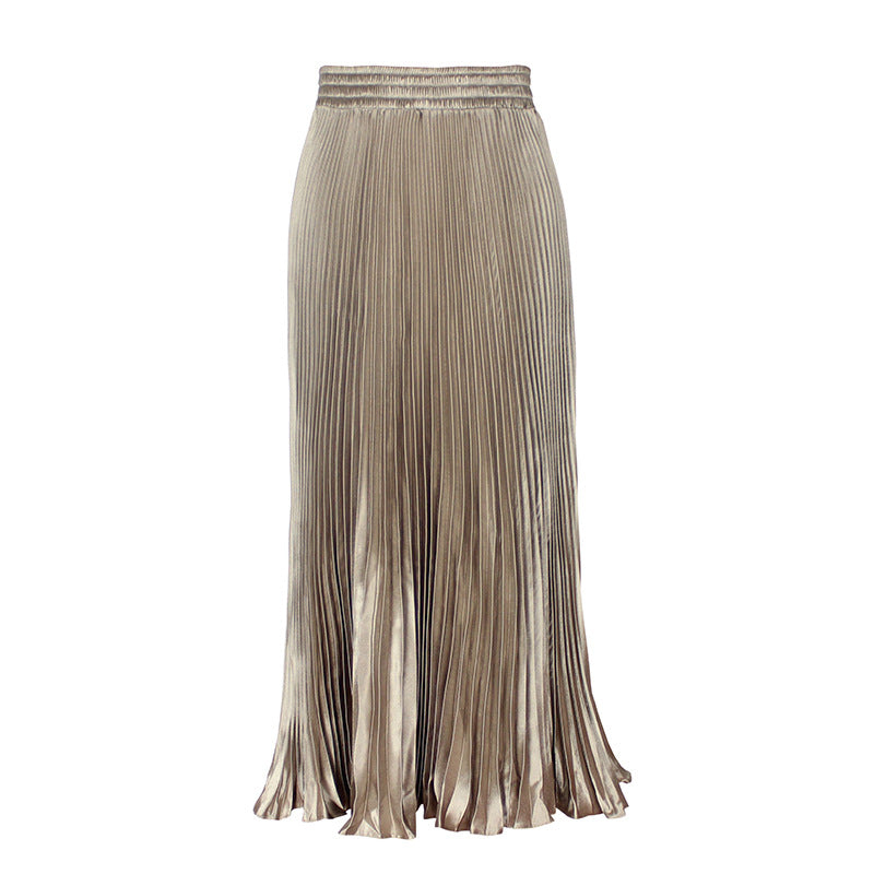 2021 New European and American foreign trade women's satin metallic luster pleated skirt long accordion skirt long skirt skirt