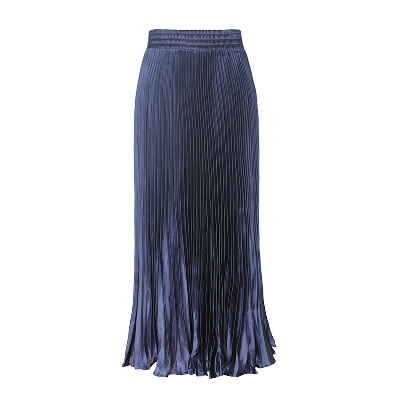 2021 New European and American foreign trade women's satin metallic luster pleated skirt long accordion skirt long skirt skirt