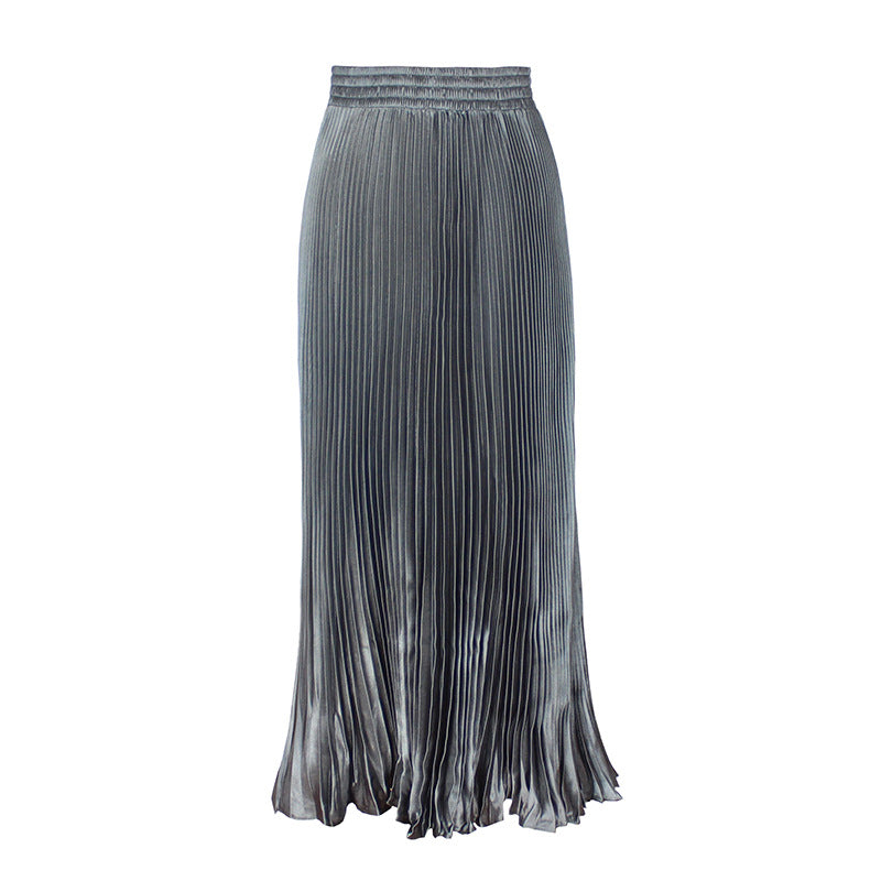 2021 New European and American foreign trade women's satin metallic luster pleated skirt long accordion skirt long skirt skirt