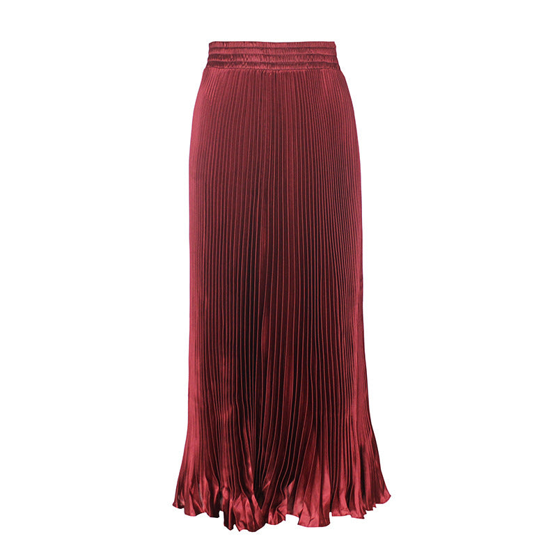 2021 New European and American foreign trade women's satin metallic luster pleated skirt long accordion skirt long skirt skirt