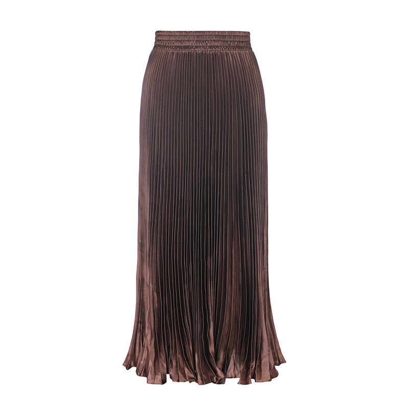 2021 New European and American foreign trade women's satin metallic luster pleated skirt long accordion skirt long skirt skirt