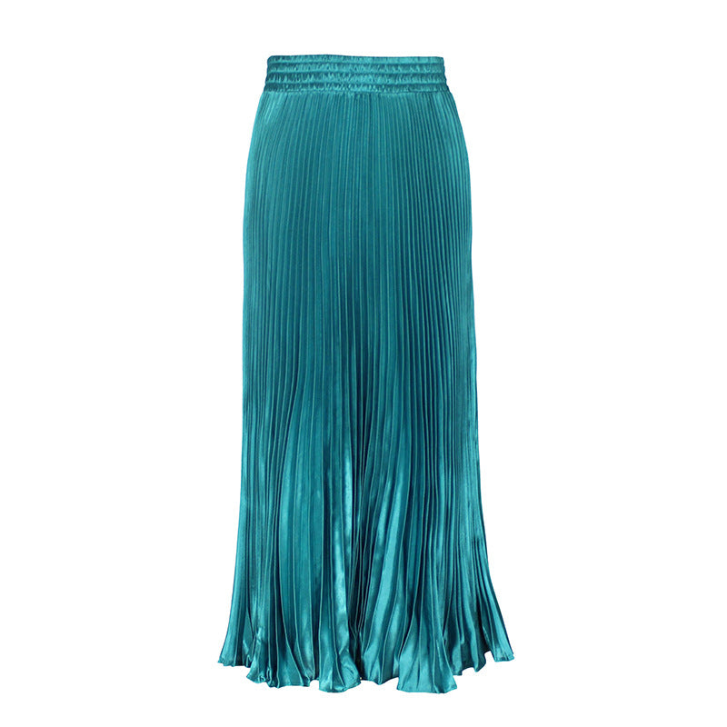 2021 New European and American foreign trade women's satin metallic luster pleated skirt long accordion skirt long skirt skirt