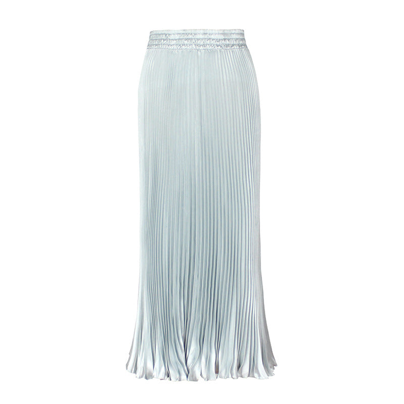 2021 New European and American foreign trade women's satin metallic luster pleated skirt long accordion skirt long skirt skirt