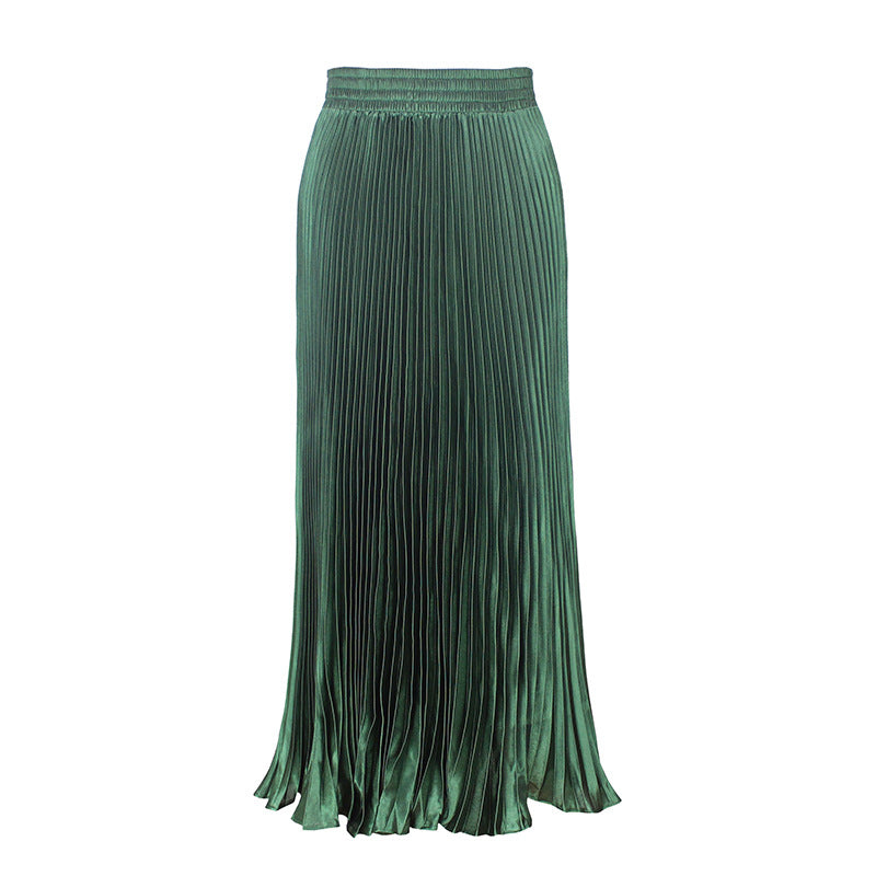 2021 New European and American foreign trade women's satin metallic luster pleated skirt long accordion skirt long skirt skirt