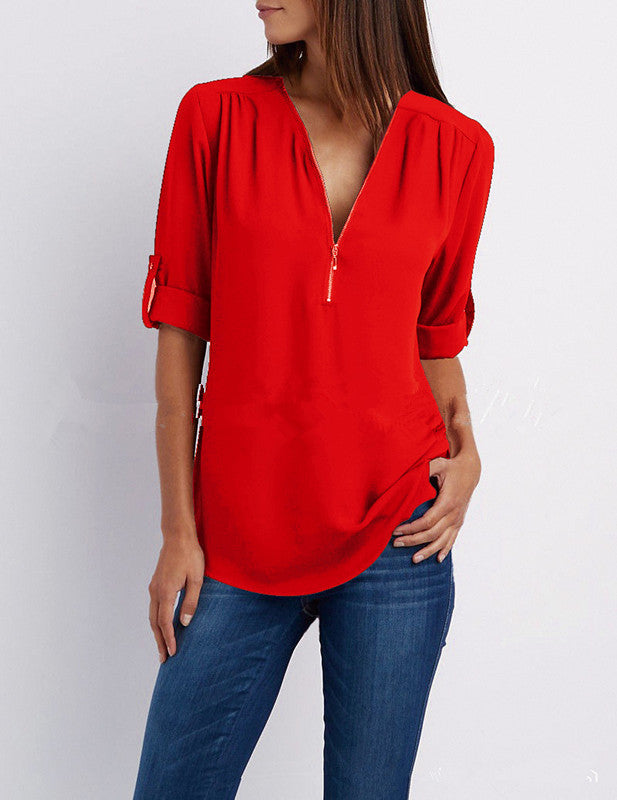 2023ebay European and American shirt V-neck zipper large size women's long sleeves rollable sleeves loose chiffon shirt European and American