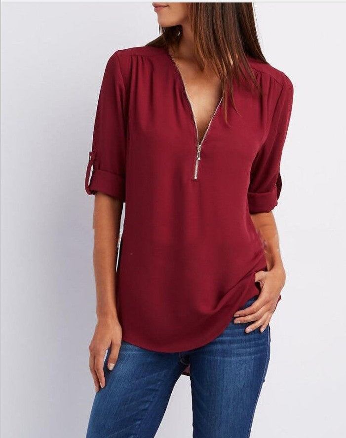 2023ebay European and American shirt V-neck zipper large size women's long sleeves rollable sleeves loose chiffon shirt European and American