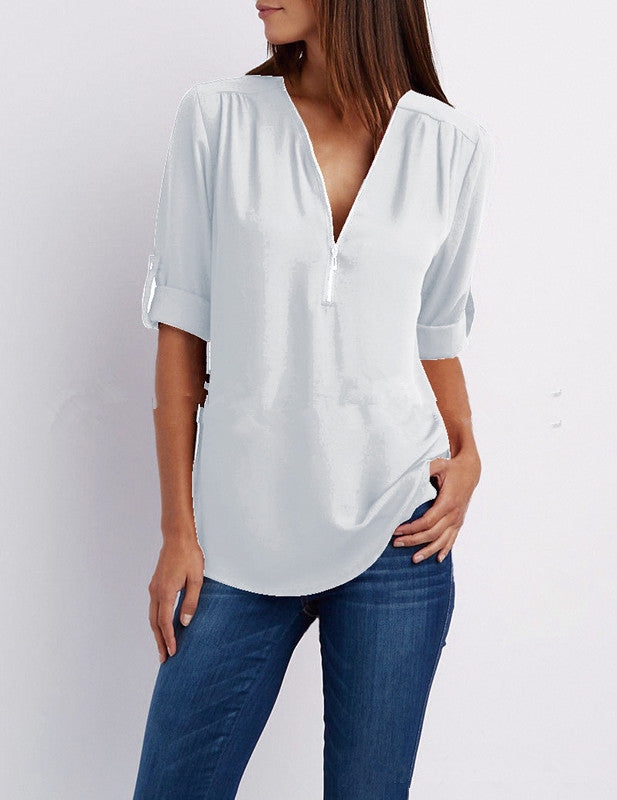 2023ebay European and American shirt V-neck zipper large size women's long sleeves rollable sleeves loose chiffon shirt European and American