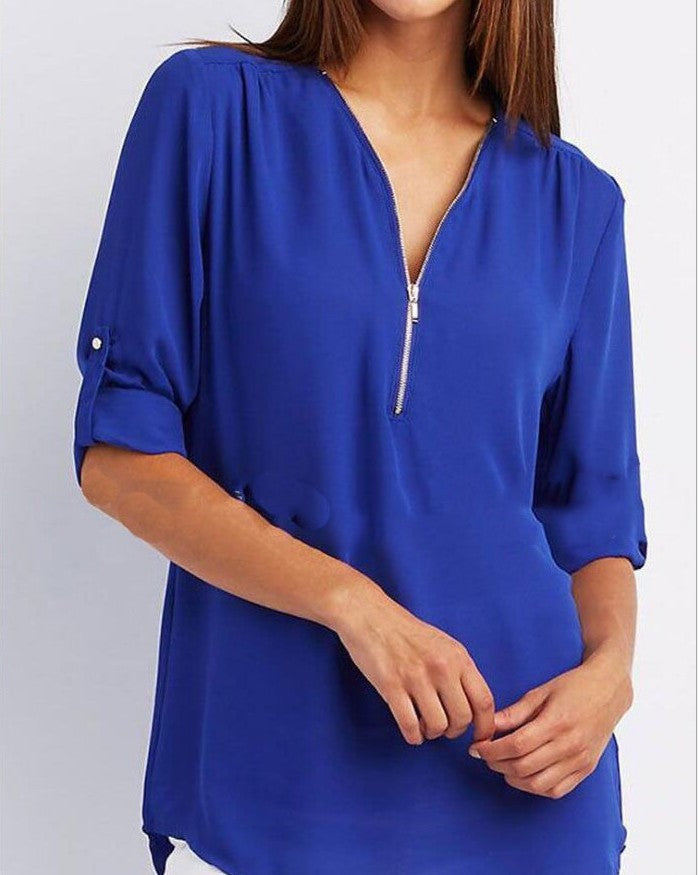 2023ebay European and American shirt V-neck zipper large size women's long sleeves rollable sleeves loose chiffon shirt European and American