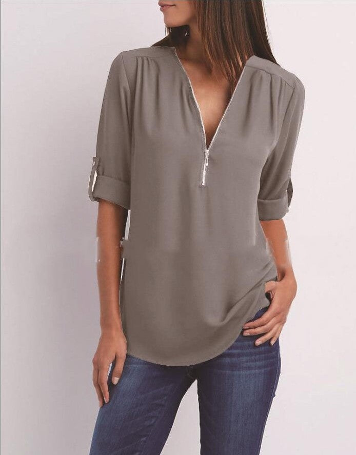 2023ebay European and American shirt V-neck zipper large size women's long sleeves rollable sleeves loose chiffon shirt European and American