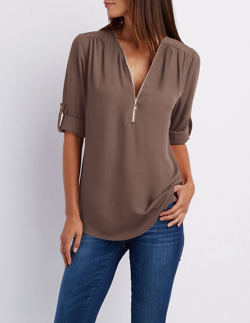 2023ebay European and American shirt V-neck zipper large size women's long sleeves rollable sleeves loose chiffon shirt European and American