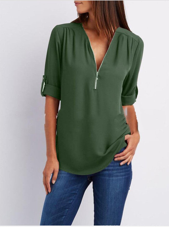 2023ebay European and American shirt V-neck zipper large size women's long sleeves rollable sleeves loose chiffon shirt European and American