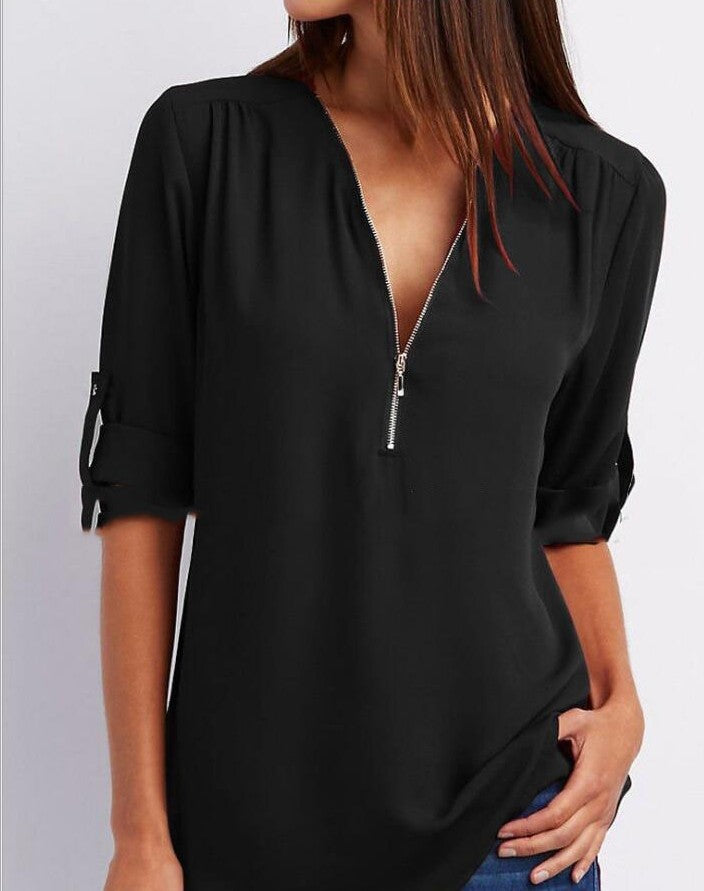 2023ebay European and American shirt V-neck zipper large size women's long sleeves rollable sleeves loose chiffon shirt European and American