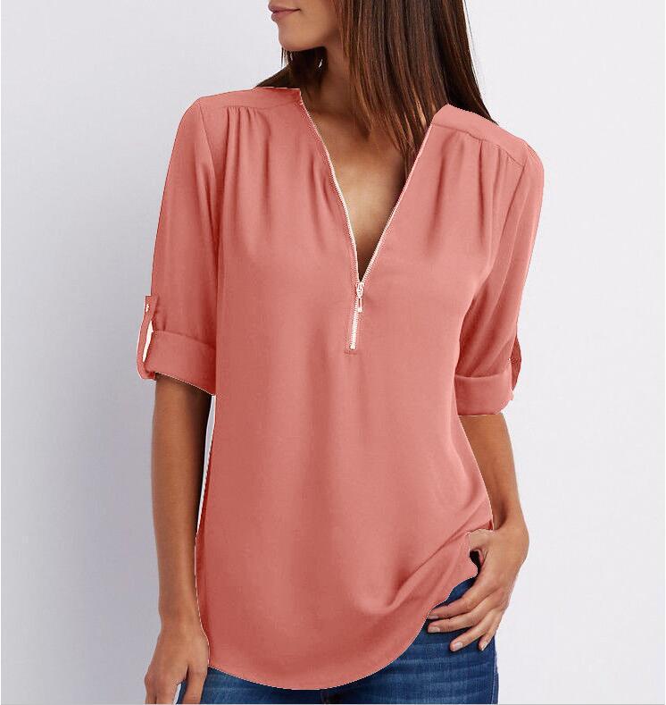 2023ebay European and American shirt V-neck zipper large size women's long sleeves rollable sleeves loose chiffon shirt European and American