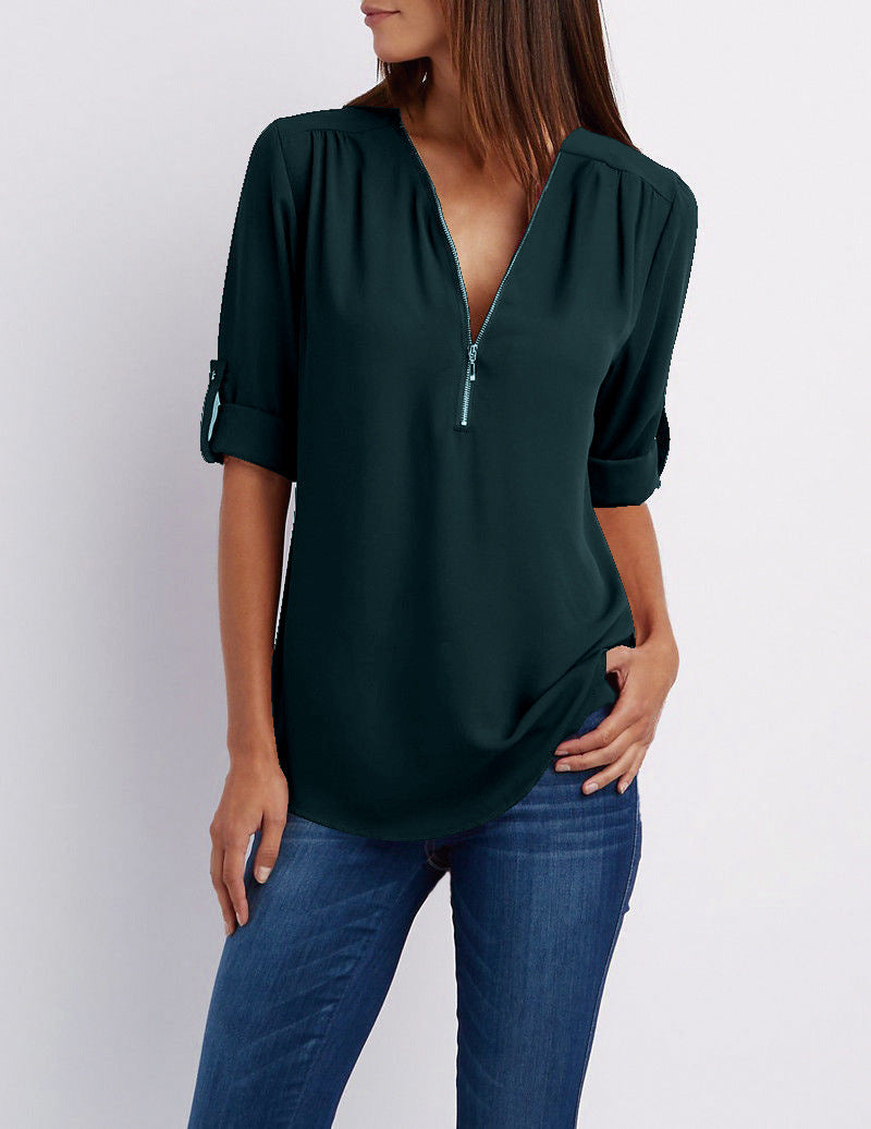 2023ebay European and American shirt V-neck zipper large size women's long sleeves rollable sleeves loose chiffon shirt European and American