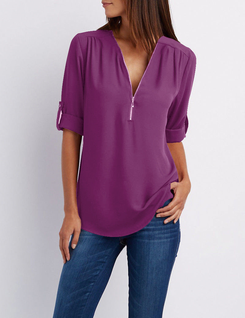 2023ebay European and American shirt V-neck zipper large size women's long sleeves rollable sleeves loose chiffon shirt European and American