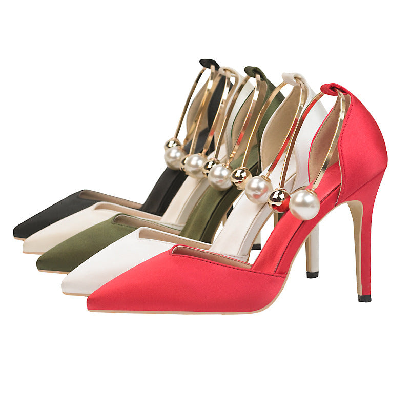 9219-73 Korean fashion women's shoes high-heeled shallow satin hollow pointy nightclub metal strappy sandals