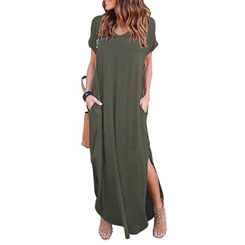 2019 AliExpress Amazon European and American Solid Color Stitching Short Sleeve V-neck Split Expansion Skirt Maxi Dress in Stock