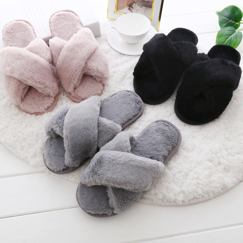 2020 autumn and winter plush slippers women's warm flat bottom home cross foreign trade large size 43 one-word drags women