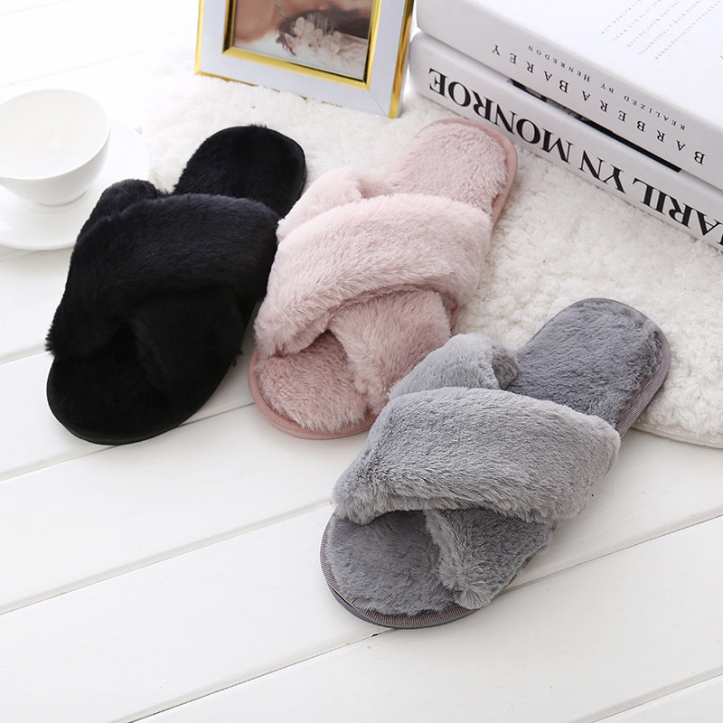 2020 autumn and winter plush slippers women's warm flat bottom home cross foreign trade large size 43 one-word drags women