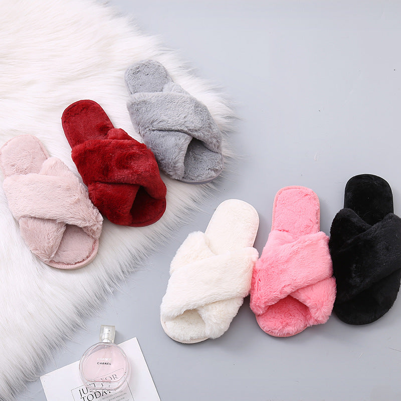 2020 autumn and winter plush slippers women's warm flat bottom home cross foreign trade large size 43 one-word drags women