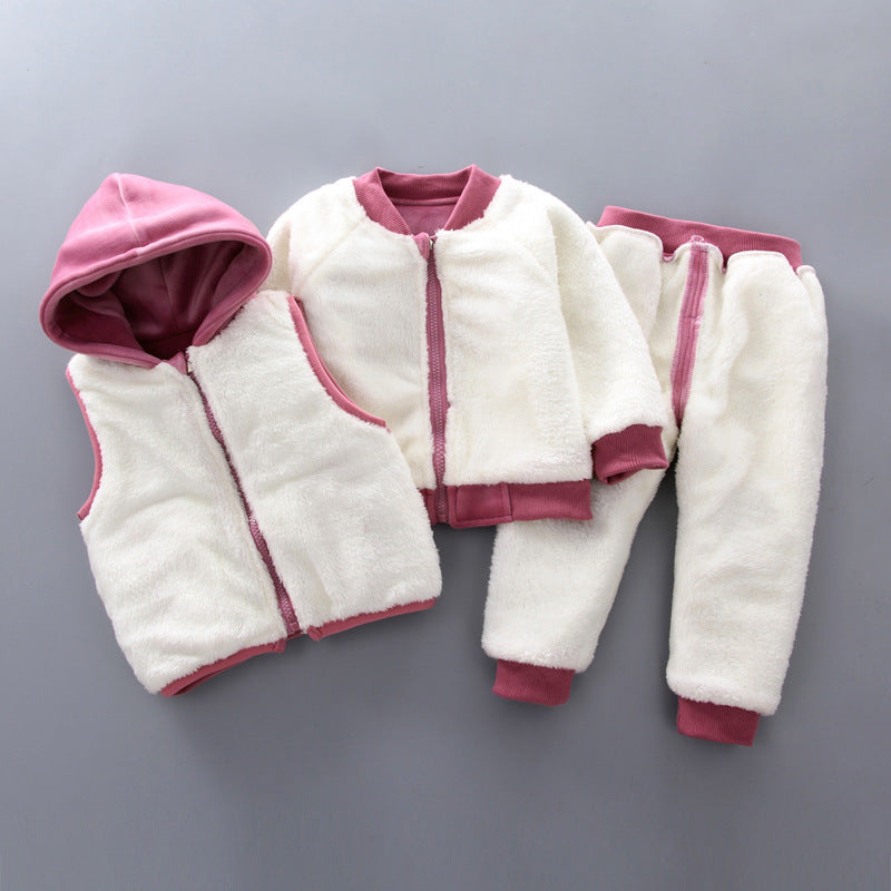 A generation of winter clothes plus velvet thick embroidery zipper towel thread bear three-piece children's Korean casual suit