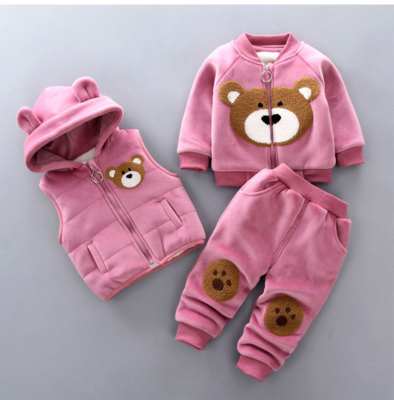 A generation of winter clothes plus velvet thick embroidery zipper towel thread bear three-piece children's Korean casual suit