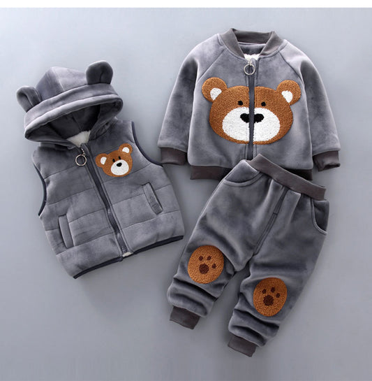 A generation of winter clothes plus velvet thick embroidery zipper towel thread bear three-piece children's Korean casual suit