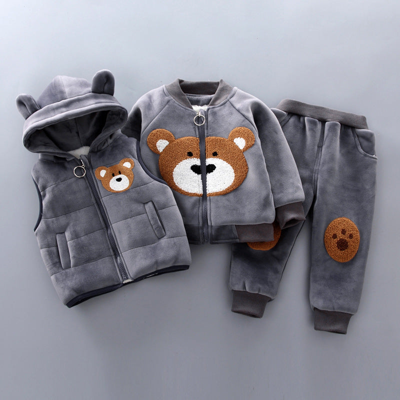 A generation of winter clothes plus velvet thick embroidery zipper towel thread bear three-piece children's Korean casual suit