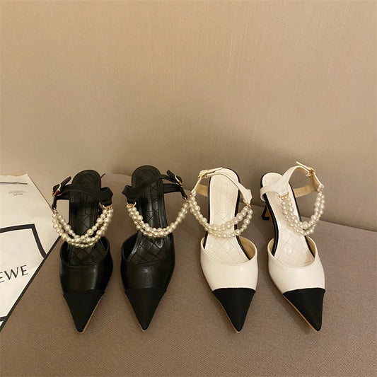 2021 retro women's shoes temperament Roman style stitching pearl chain buckle with toe shallow mouth sandals pointed toe high heels