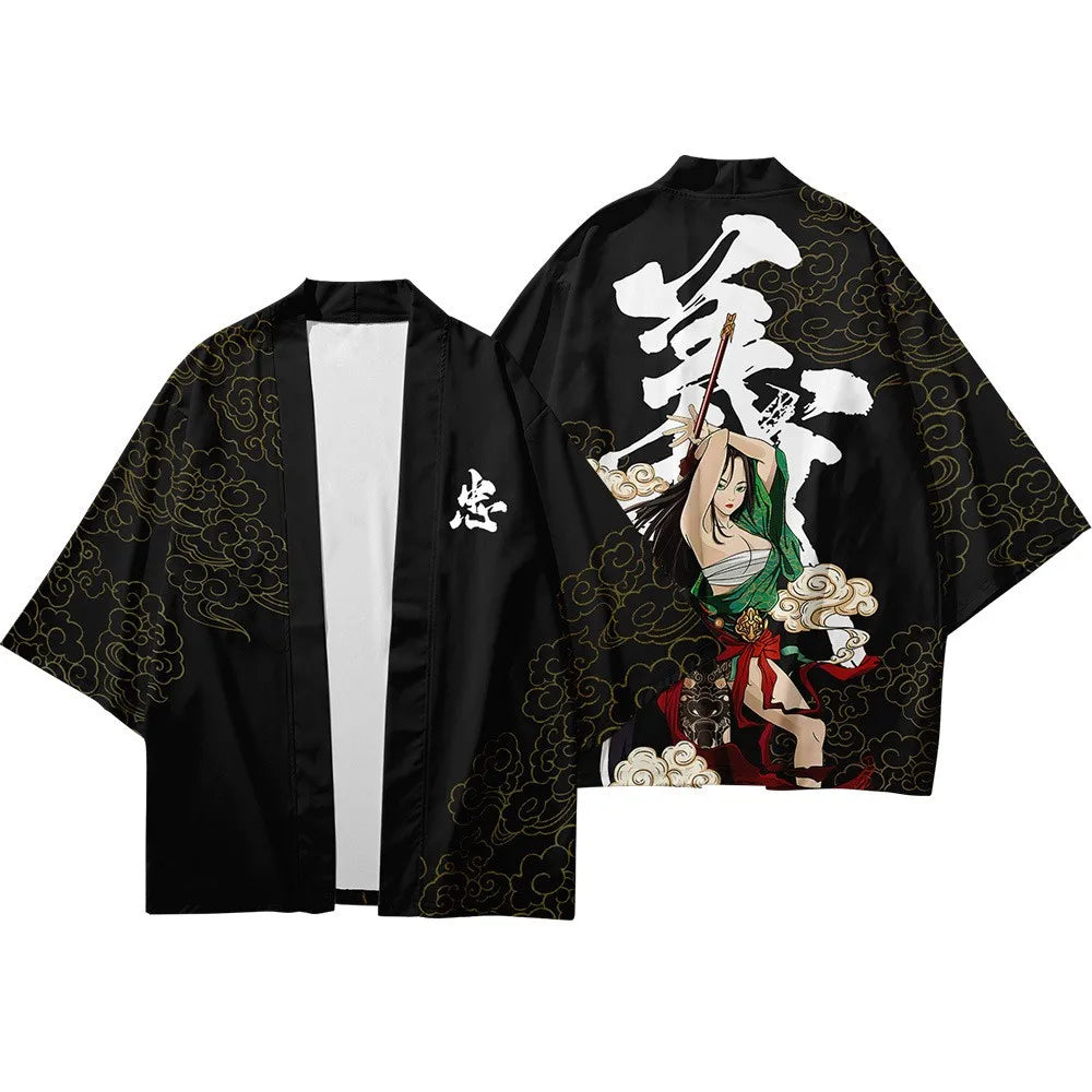 2021 summer kimono cross-border 3D printed three-quarter shirt, robe cardigan, loose men's feather fabric delivery