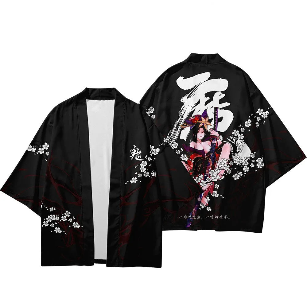 2021 summer kimono cross-border 3D printed three-quarter shirt, robe cardigan, loose men's feather fabric delivery