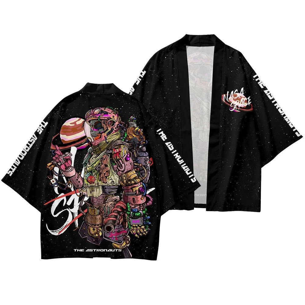 2021 summer kimono cross-border 3D printed three-quarter shirt, robe cardigan, loose men's feather fabric delivery