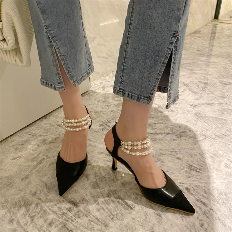 2021 retro women's shoes temperament Roman style stitching pearl chain buckle with toe shallow mouth sandals pointed toe high heels