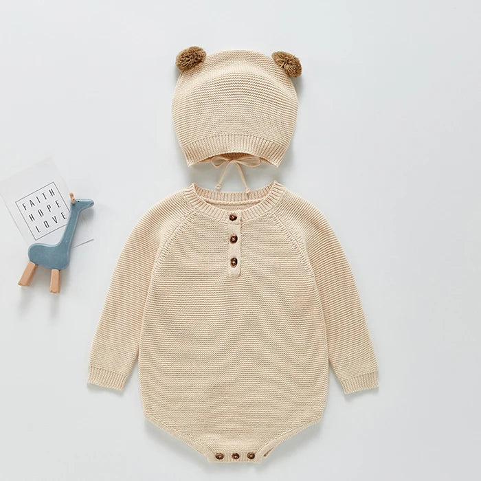 2021 Korean version of the newborn baby autumn knitted jumpsuit male and female baby cute hat bag fart crawling sweater