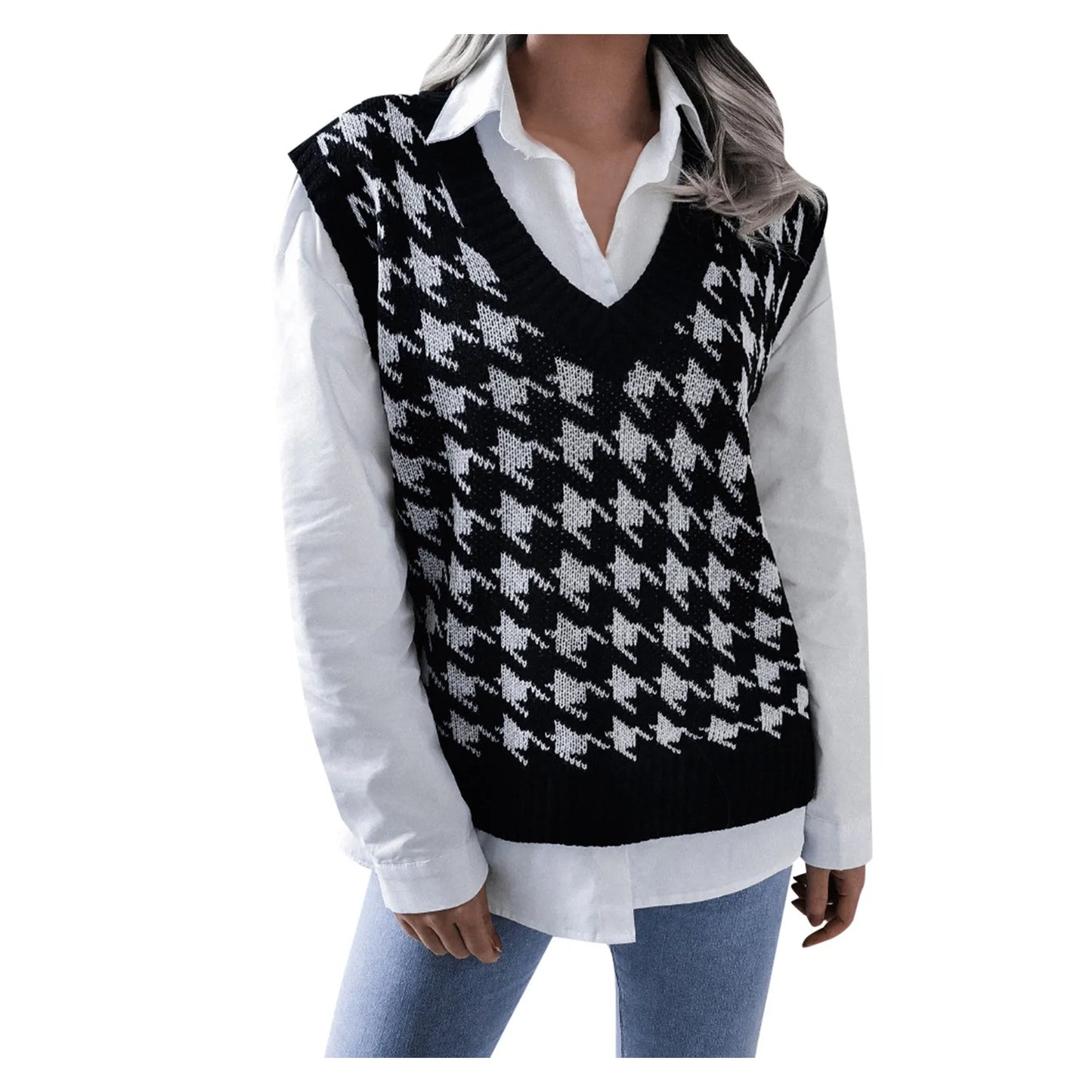 2022 autumn and winter European and American V-neck houndstooth casual loose knitted vest sweater vest Amazon cross-border women's clothing