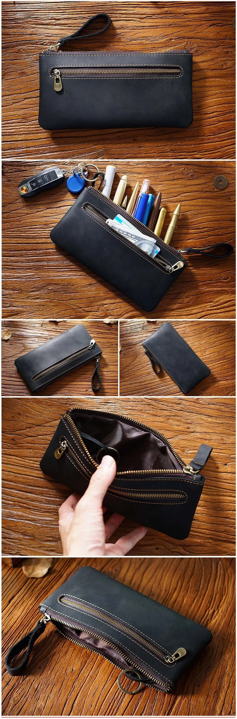 AliExpress Retro Crazy Horse Leather Zipper Pen Bag Creative Portable Simple Hand Grab Storage Bag Large Capacity Pen Box New Product