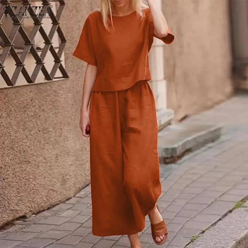 2023 Spring and Summer New Cotton and Linen Fashion Casual Loose Two-piece Sleeveless Top Loose Wide-leg Pants Women's