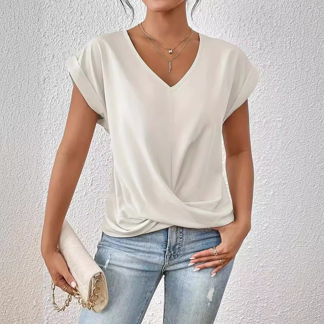 2024 Amazon cross-border hot-selling solid color V-neck T-shirt elegant short-sleeved top spring and summer women's clothing Amazon cross-border