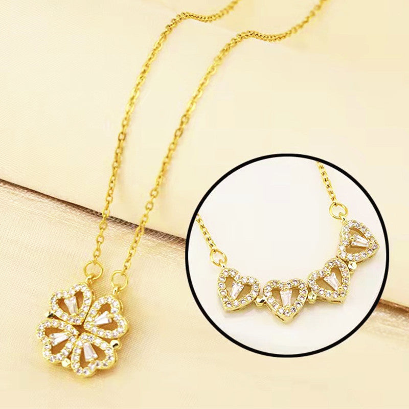 A two-wear deformed love four-leaf clover necklace female opening and closing fashion heart-to-heart folding creative clavicle chain