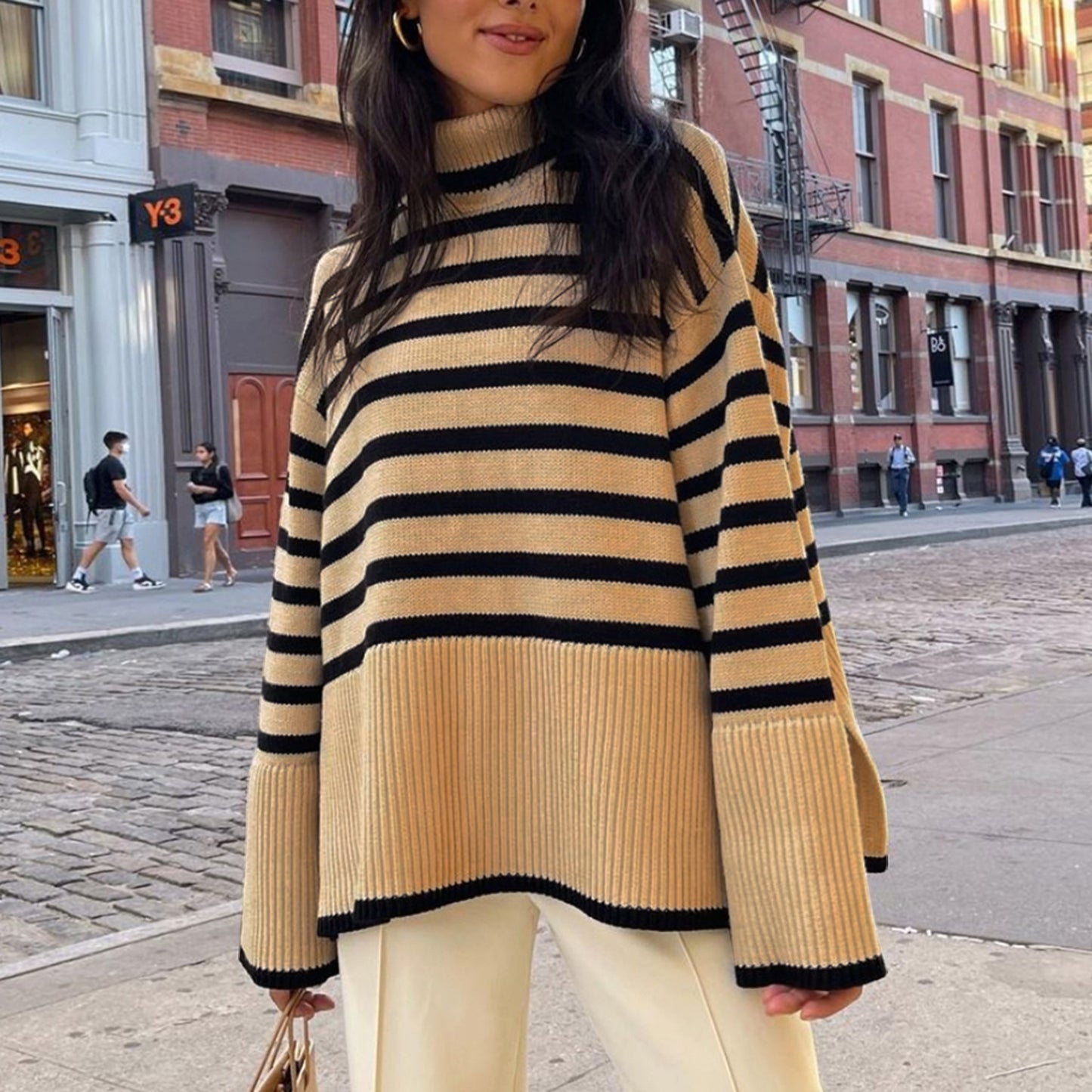 2021 cross-border autumn and winter new AliExpress Amazon popular women's high-neck knitted striped slit sweater top