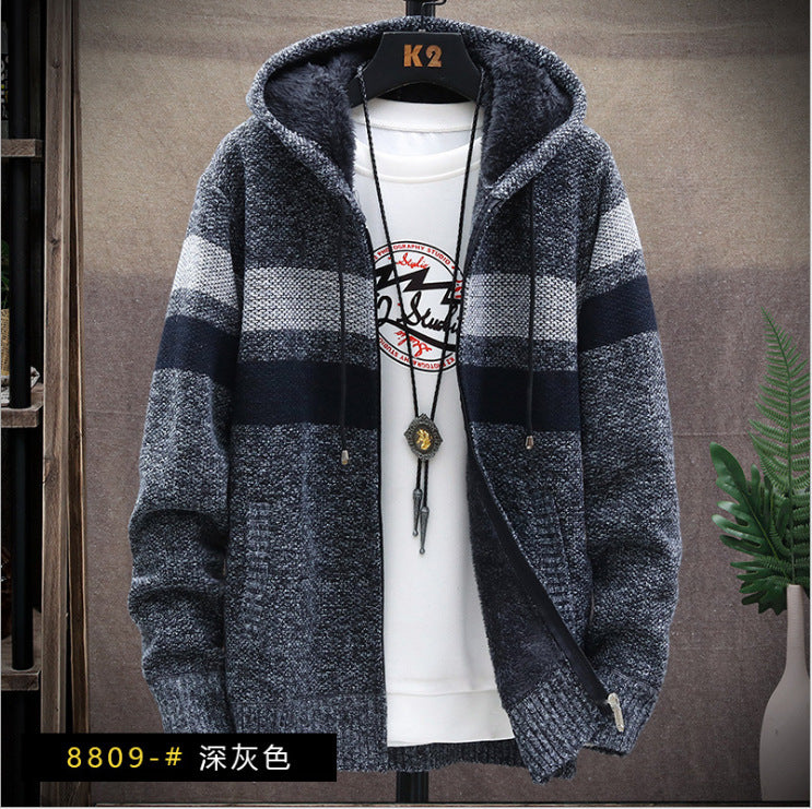 2022 autumn new men's fleece thickened color matching hooded sweater jacket