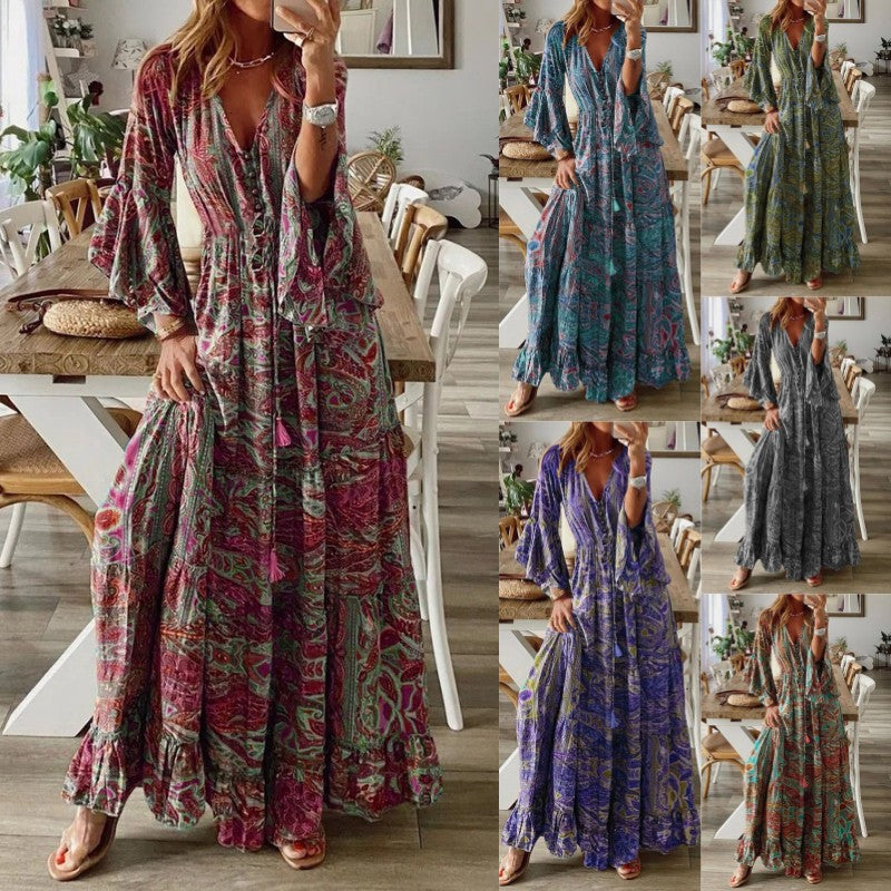 2023 European and American cross-border Bohemian style trumpet sleeve printed V-neck high waist holiday dress floral female long skirt