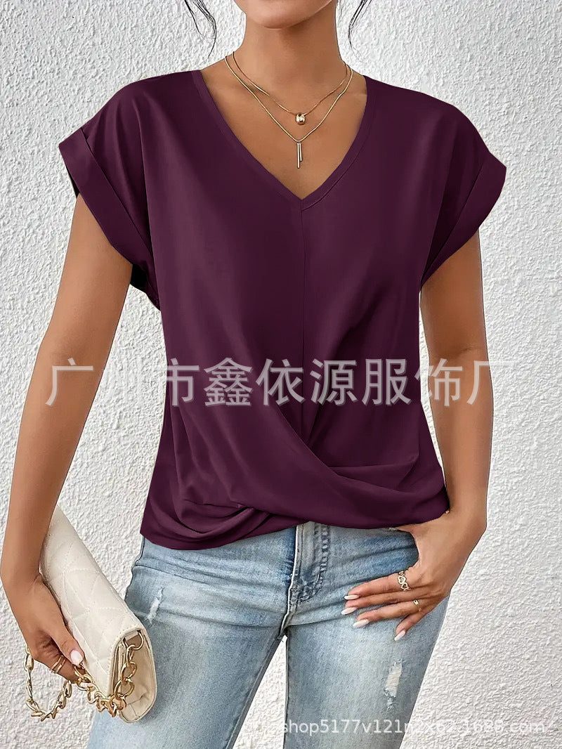 2024 Amazon cross-border hot-selling solid color V-neck T-shirt elegant short-sleeved top spring and summer women's clothing Amazon cross-border