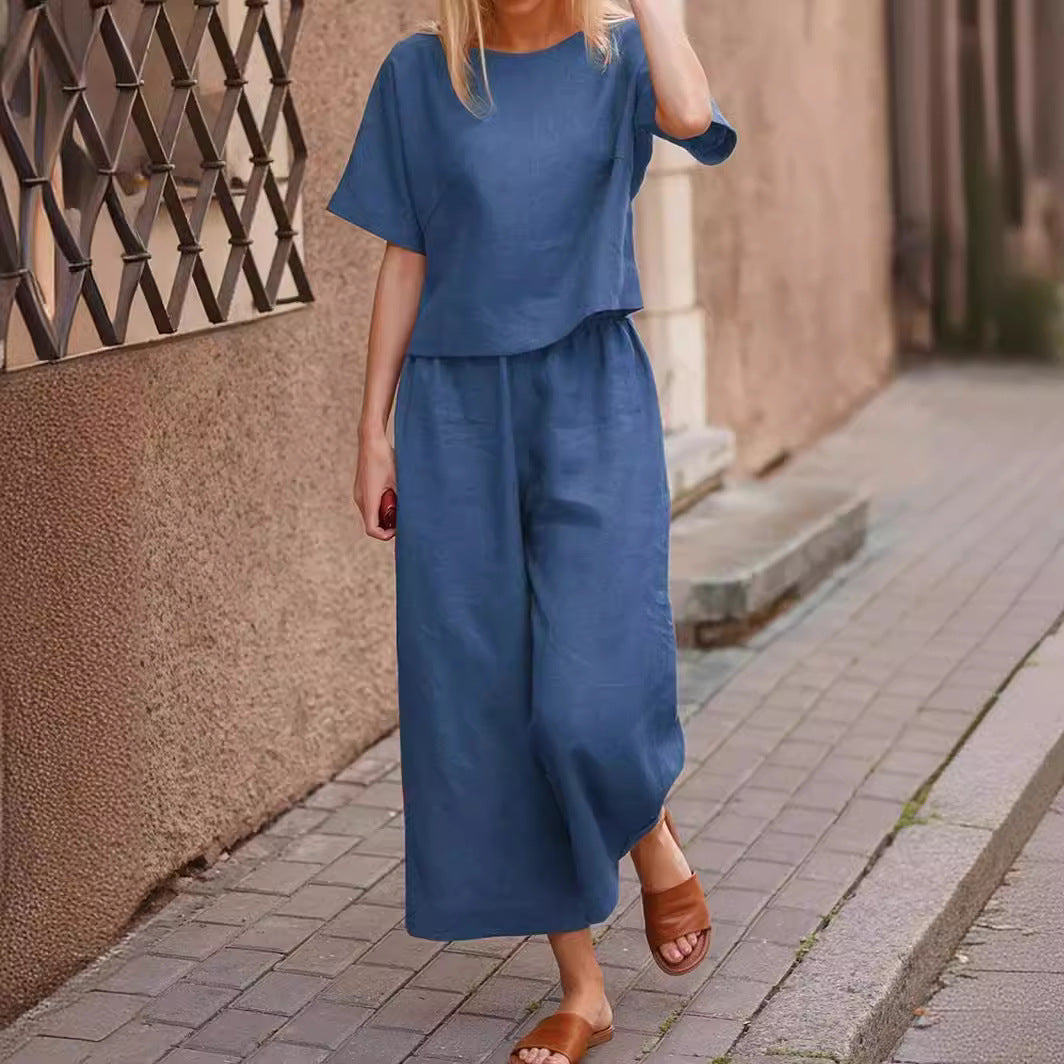 2023 Cross-border Amazon New Products Casual European and American Large Size Suit Loose Solid Color Shirt Trousers Two-piece Set