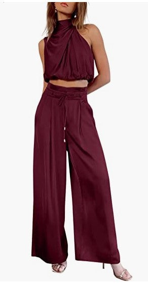 Women's 2-Piece Suit 2023 Summer Casual Sleeveless Collar Midriff-Baring Top Wide Leg Pants Suit