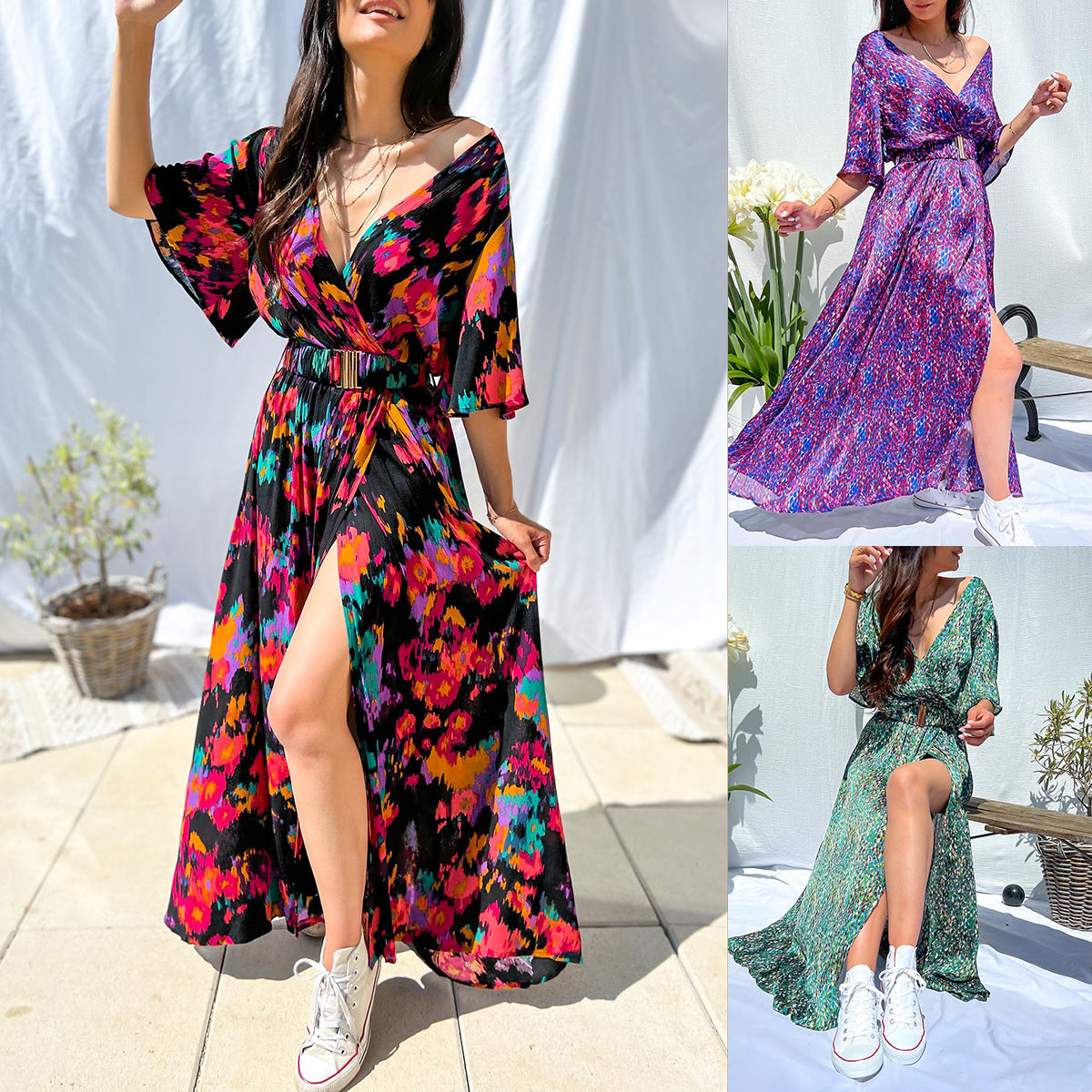 2023 summer ebay independent station wish Amazon temperament V-neck belt printed dress long skirt