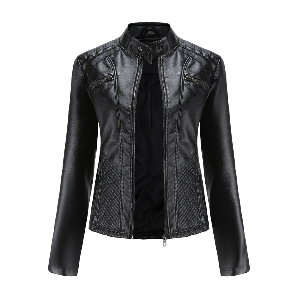 2023 new women's casual leather jacket stand collar jacket European and American slim coat women spring and autumn solid color women's leather jacket