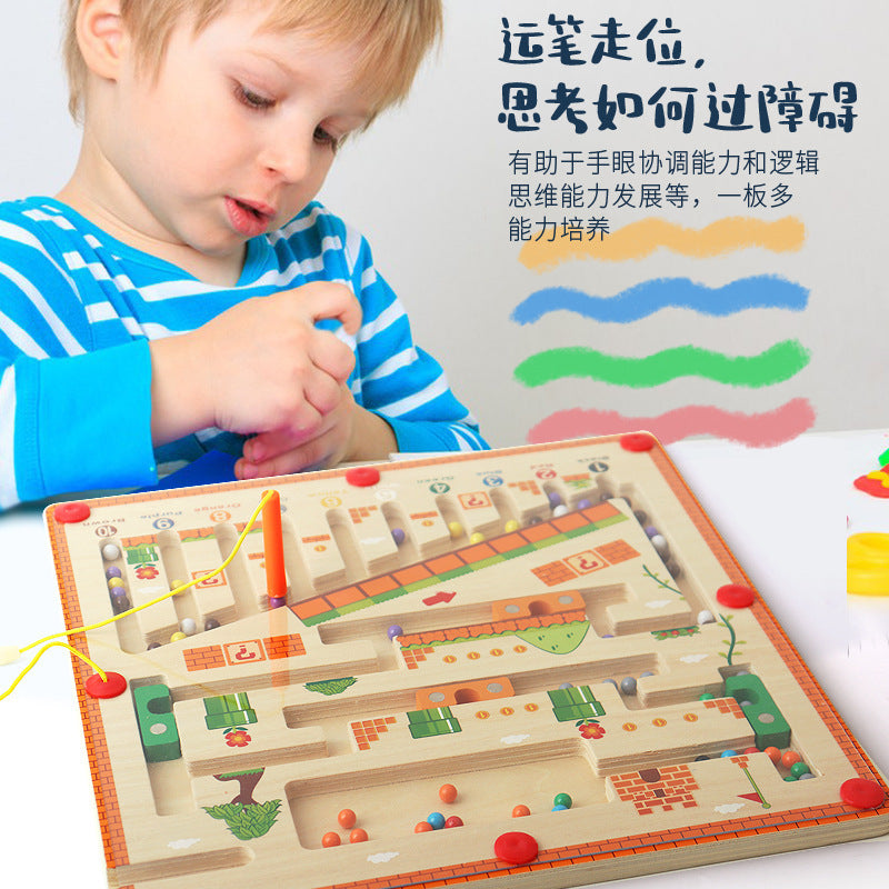 Wooden children's magnetic pen cognitive early education maze digital color classification counting board ball educational toys