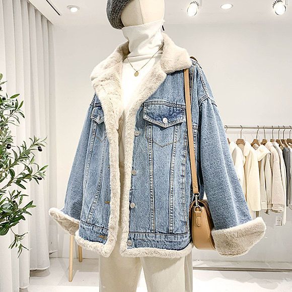 2023 Winter Fleece-lined Thickening Denim Jacket Women's Korean-Style Loose Lambswool Casual All-Matching Reversible Cotton-Padded Coat Fashion